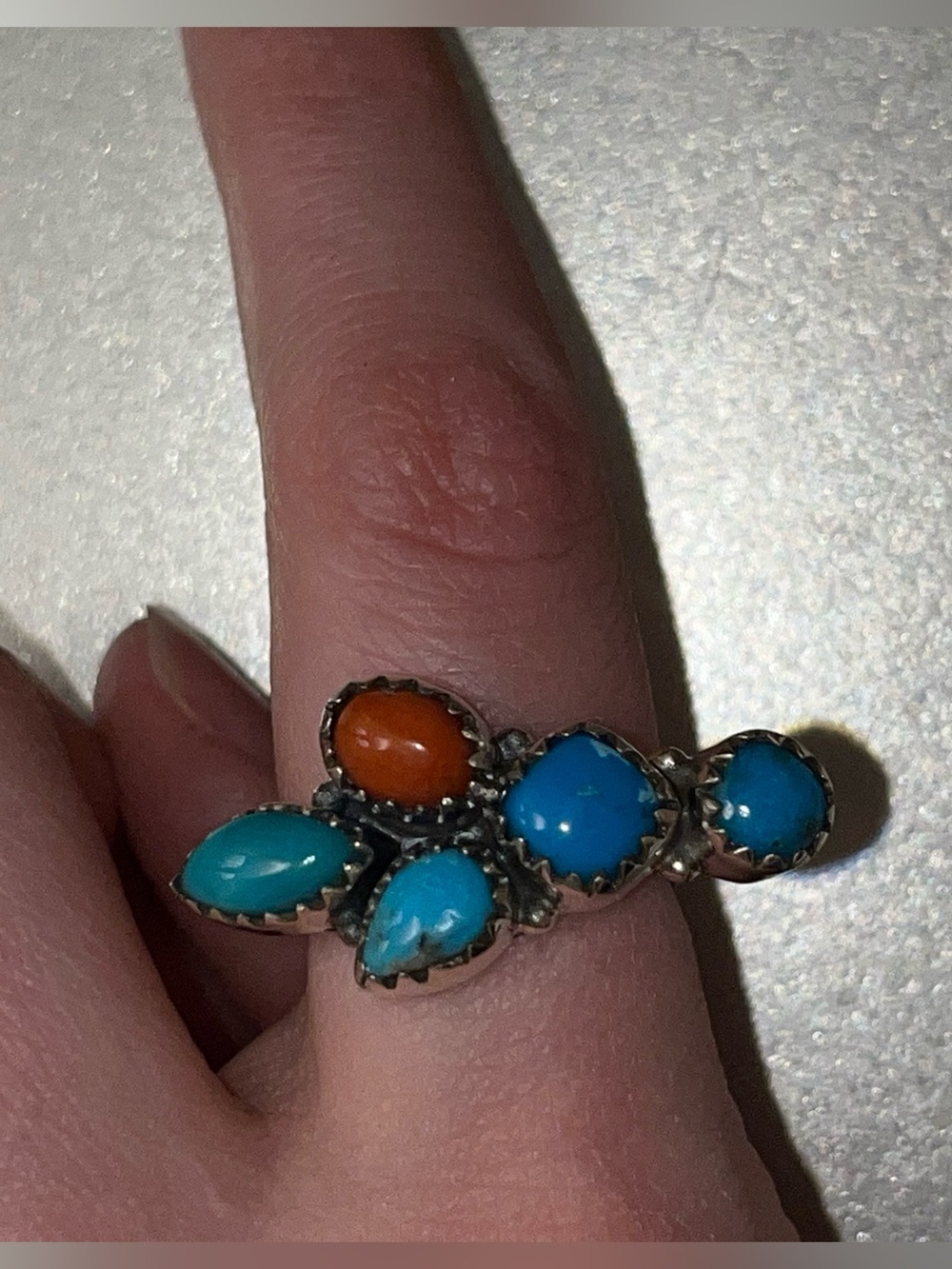 Sterling Silver Turquoise & Red Coral Ring - Sz 8